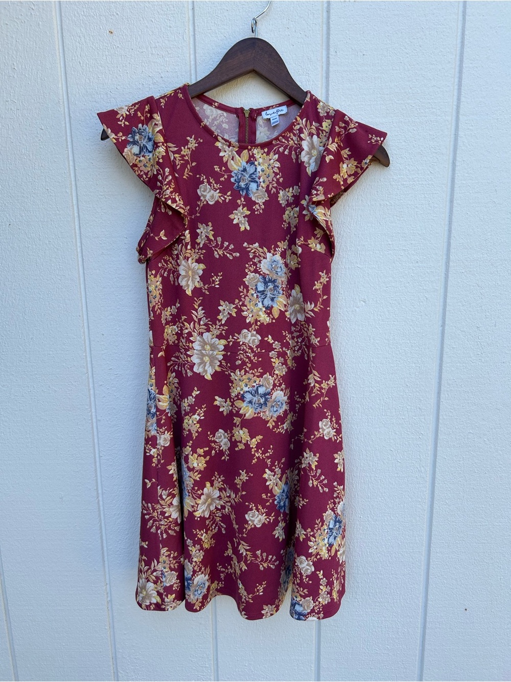 love, Fire Burgundy Floral Flutter-Sleeve Dress